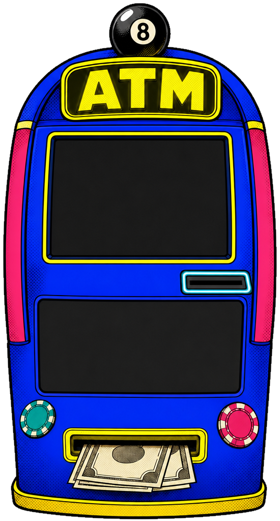 A cartoon ATM standing outside the pool hall